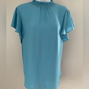 Apt9 Blue Flutter Sleeve Blouse with Mandarin Collar